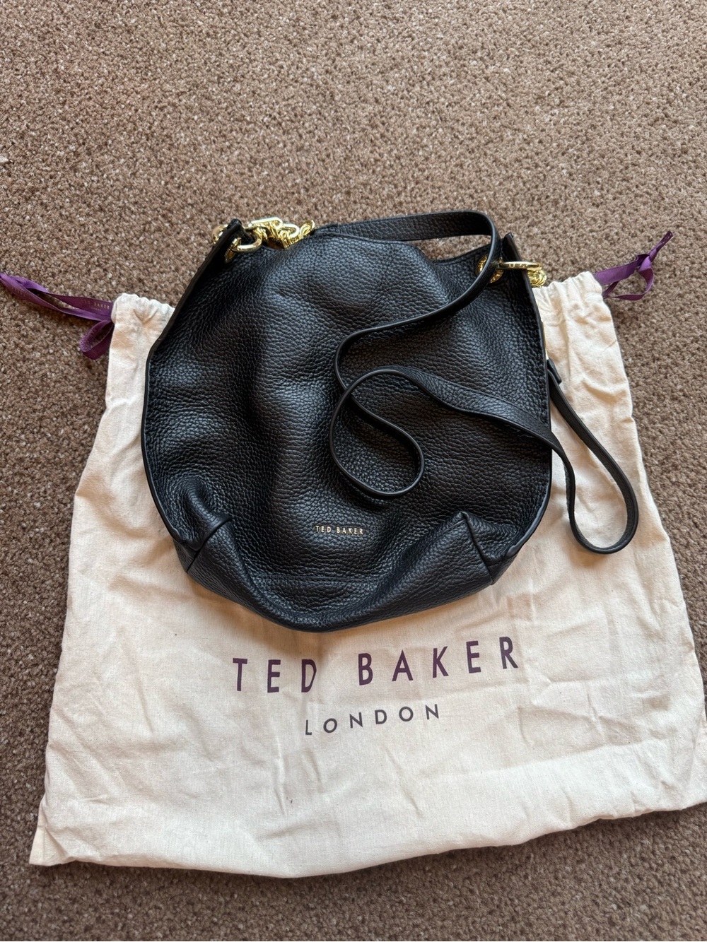 Ted Baker Black Pebbled Leather Shoulder Bag with Gold Hardware
